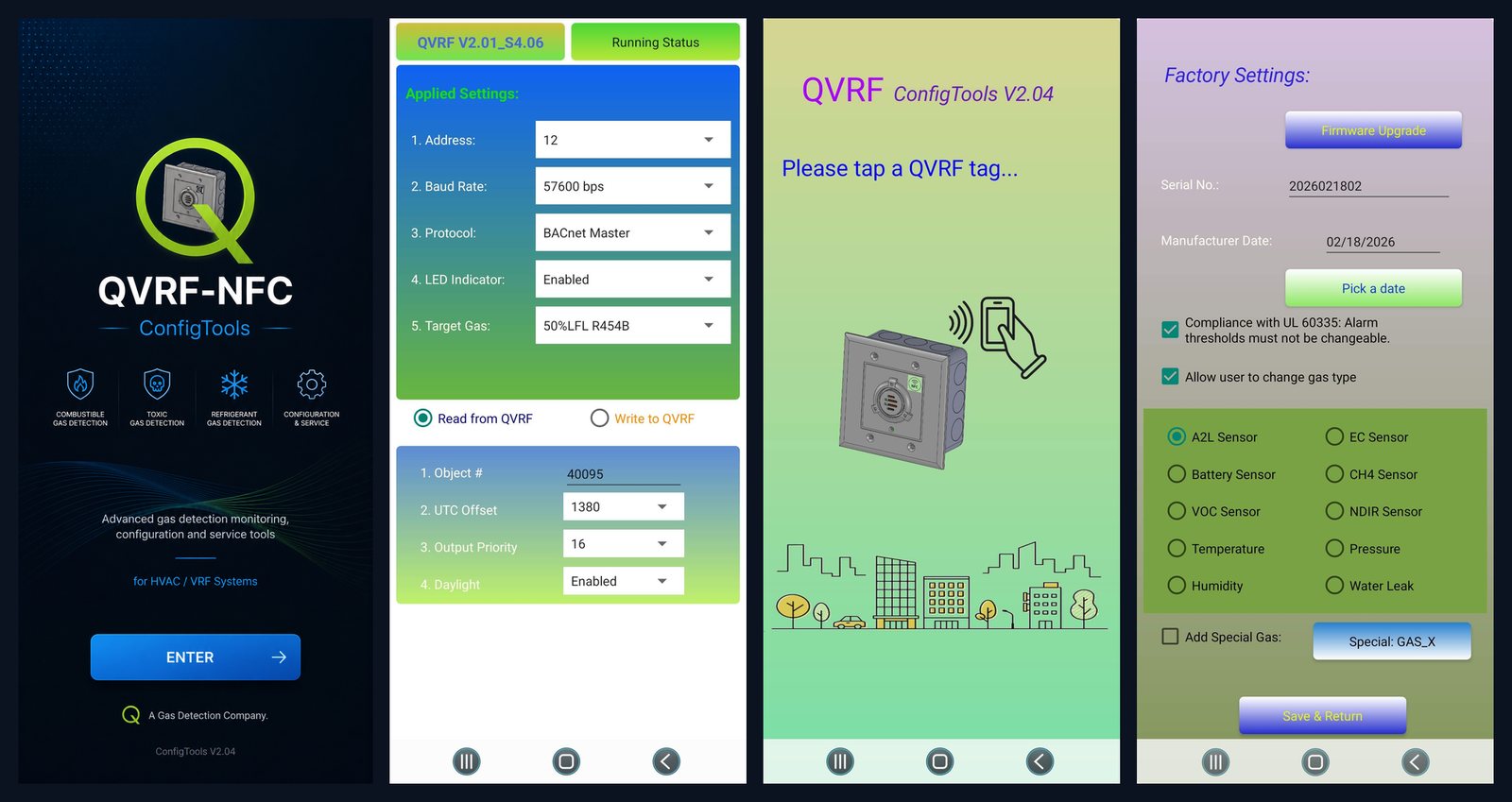 QVRF ConfigTools Android NFC app — splash, applied settings, tap-to-scan, and factory settings screens